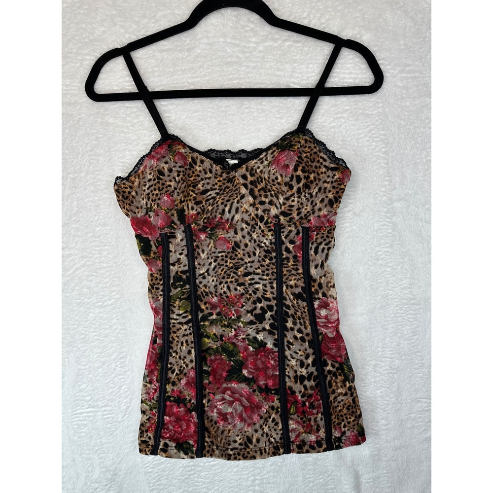 No Boundaries Y2K Cami Top Women Medium Multicolor Leopard Floral Mesh Lace Trim